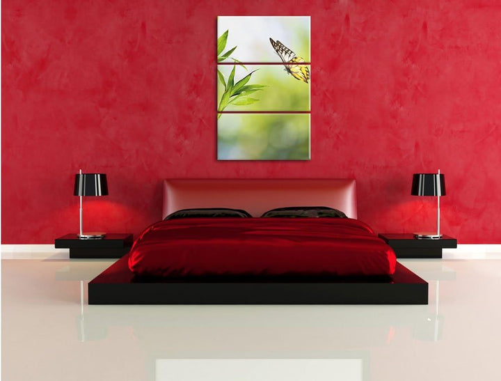 Pixxprint Bambus mit Schmetterling 3-Teiler Leinwandbild 120x80 Bild auf Leinwand
