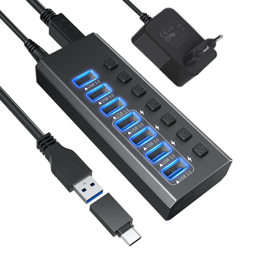 USB-3.0-Hub-betrieben, Aluminium, 7 USB-Ports, SuperSpeed-Daten-Hub mit 12 V/2 A Netzteil und indivi