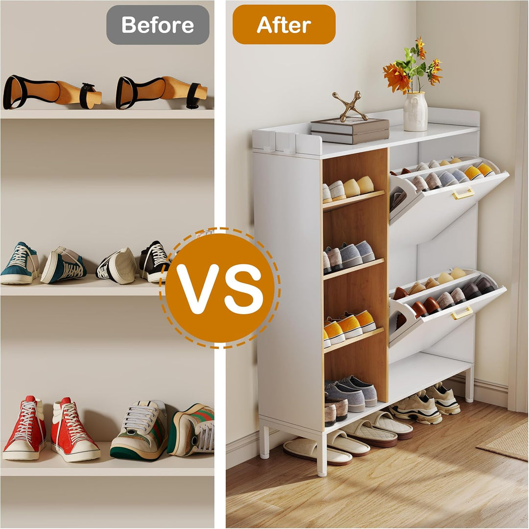Schuhschrank mit 2 Klappen, Schuhkipper Schmal mit 3 Offenes Fach und Metallfüssen, Schuhkipper Schu