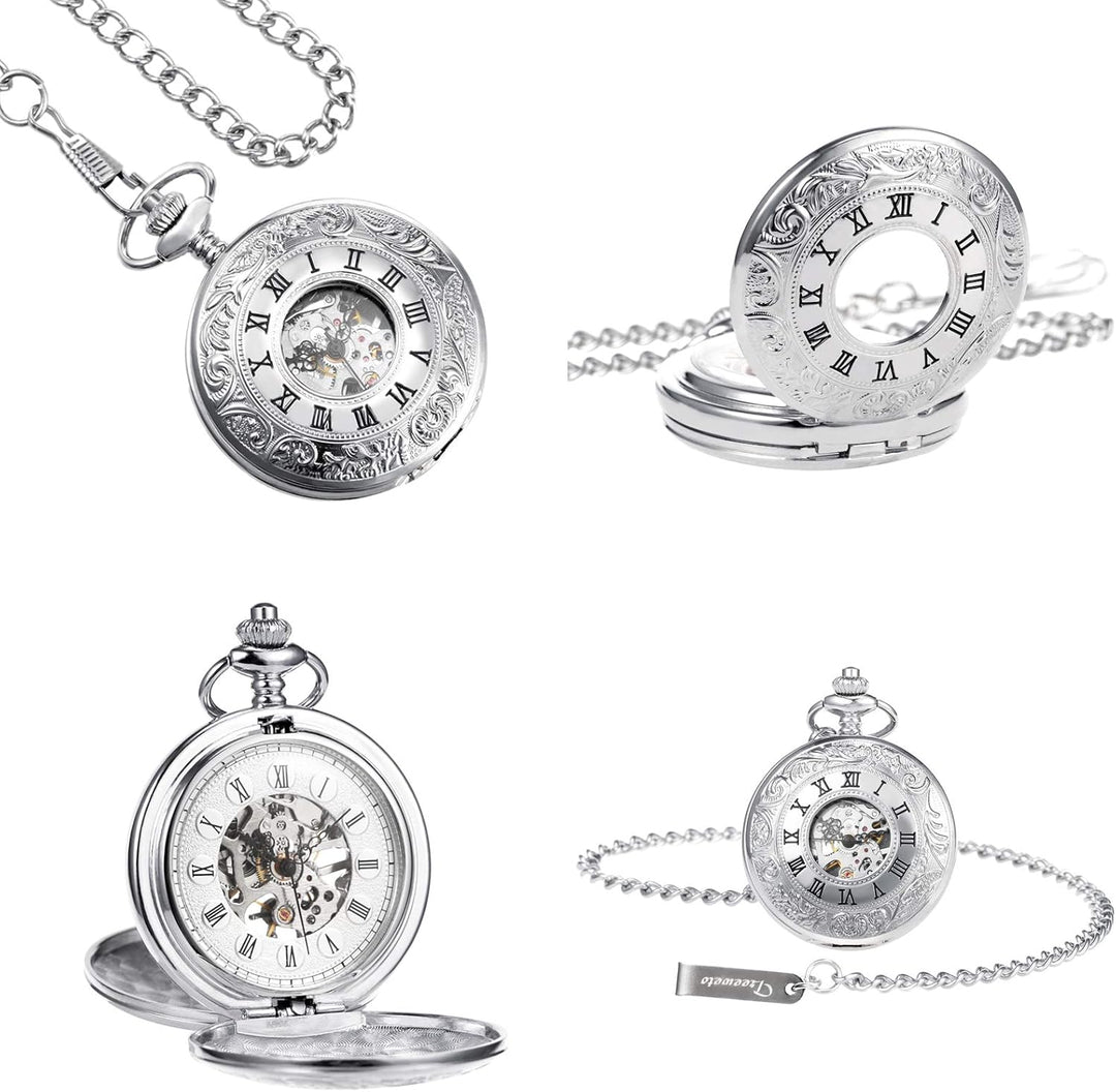 TREEWETO Unisex Taschenuhr mit Kette Analog Handaufzug Doppelscharnier Römische Ziffern Gold/Silber,