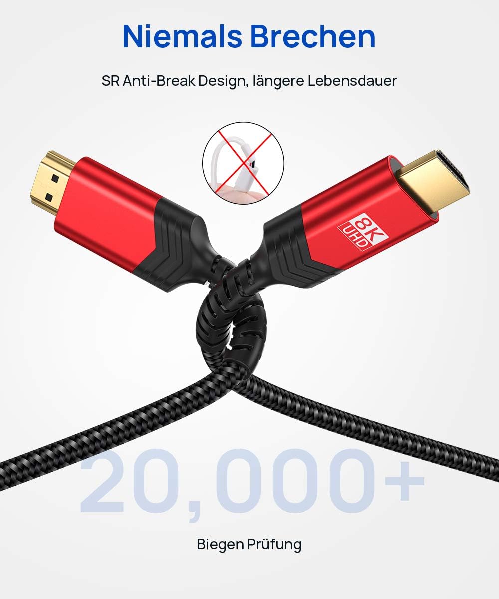 JSAUX 10K 8K HDMI Kabel 1.8M, HDMI 2.1 Kabel Highspeed Ethernet 48Gbps 8K@60Hz, 4K@120Hz, UHD HDR 10