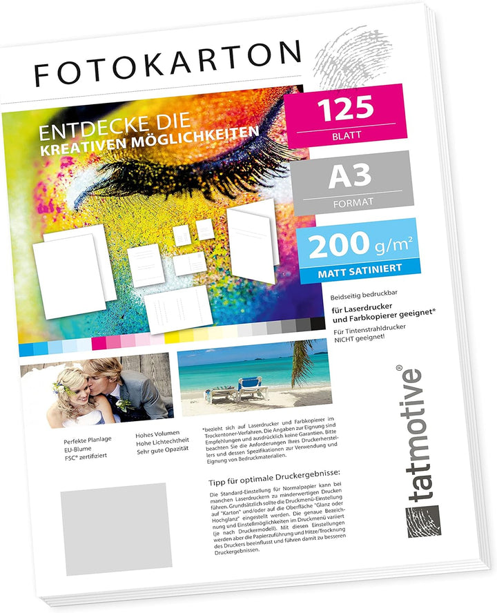 TATMOTIVE FA3200M125 Fotokarton Fotopapier 200g matt weiss/Laserdrucker/DIN A3 / Beidseitig bedruckb