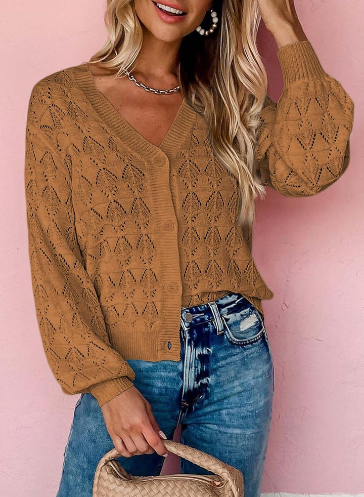 Dokotoo Damen Strickjacke V-Ausschnitt Kurzer Cardigan Elegant Langarm Leichter Strickpullover mit K