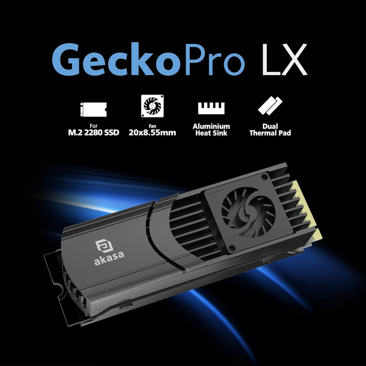 Akasa Gecko Pro LX, M.2 NVMe PCIe 5.0, Aluminium High-Speed Built-in Fan Heatsink Cooler, Support 22