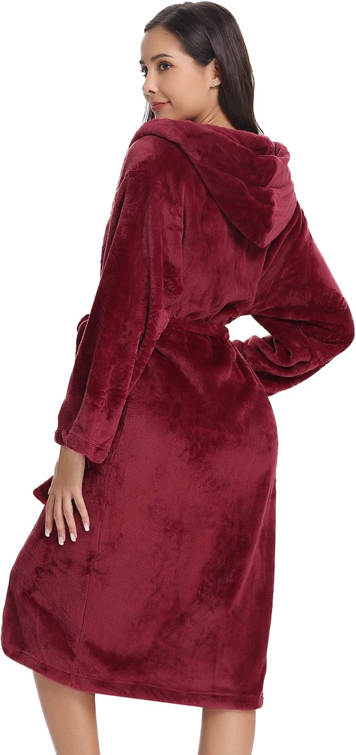 Vlazom Damen Winter Bademantel Flanell mit Kapuze Langärme Morgenmantel Saunamantel Flauschiger Robe
