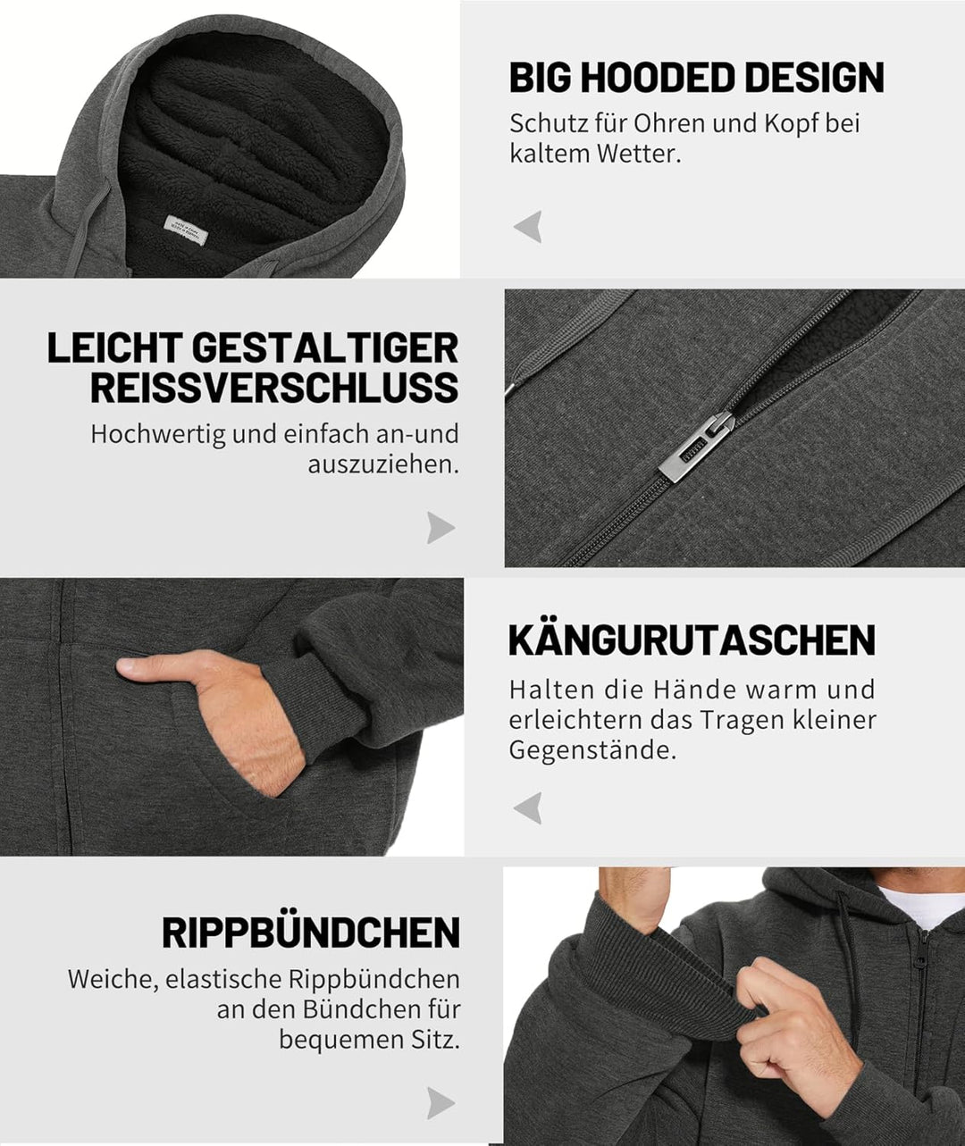 JACKETOWN Herren Sweatshirt Gefüttert Hoodie Reissverschluss Sweatjacke Warm Fleece Winterjacke Tedd