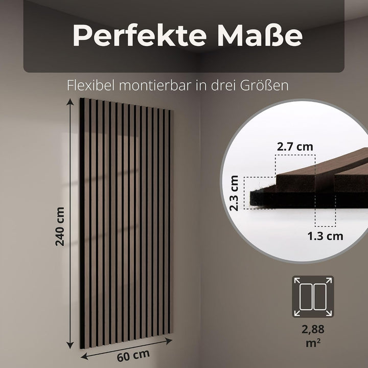 2x Akustikpaneele mit Lamellen 240 x 60cm Walnuss Holz | Wandpaneele für Schallschutz in Büro- &amp; Woh