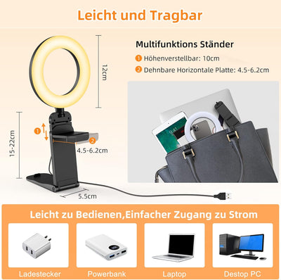 Upgrade Ringlicht Laptop PC 5” Videokonferenz Licht,Evershop Ringleuchte Ringlampe mit Stativ&Handyh