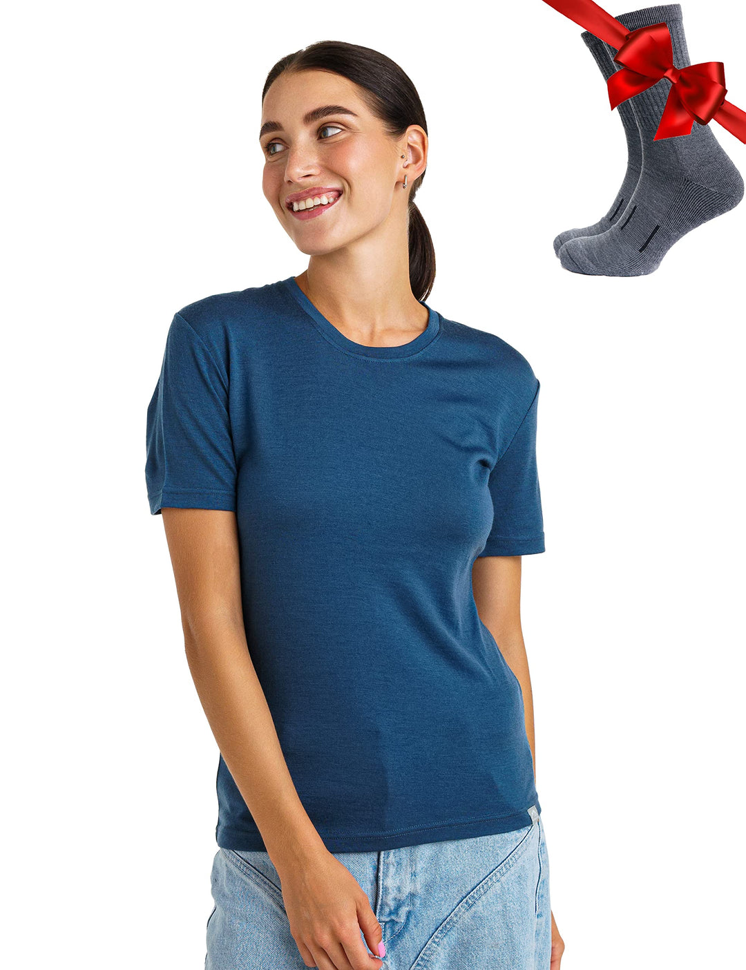Merino.tech 100% Merino T Shirt Damen - Merinowolle Sport Wandern Thermoshirt Damen + Wandersocken D