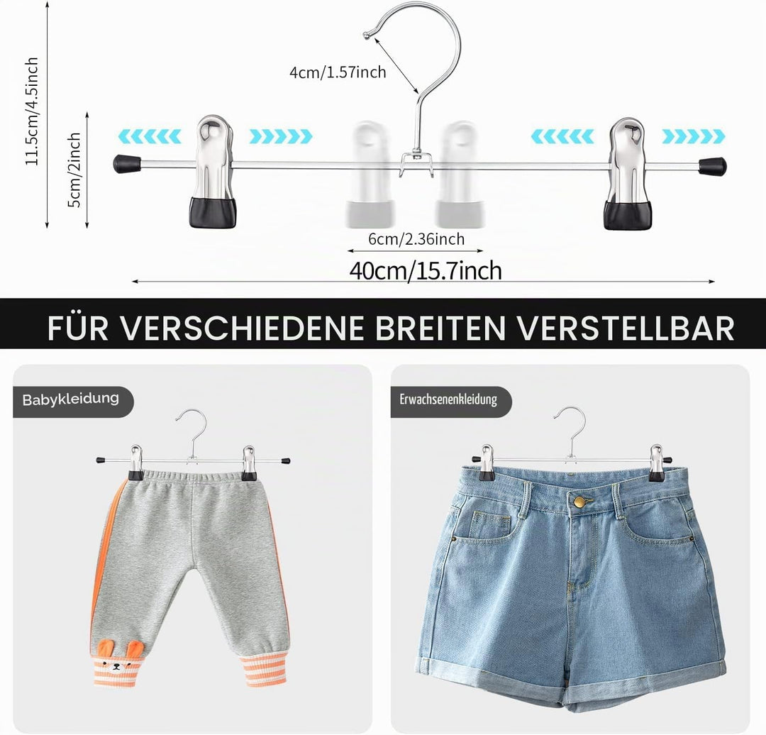 Hosenbügel aus Metall, 20er Set, Rockbügel, 40 cm lang, Kleiderbügel mit Verstellbaren Clips für Hos