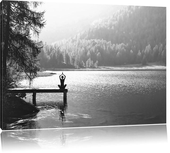 Yoga am See Kunst B&W, Format: 100x70 auf Leinwand, XXL riesige Bilder fertig gerahmt mit Keilrahmen