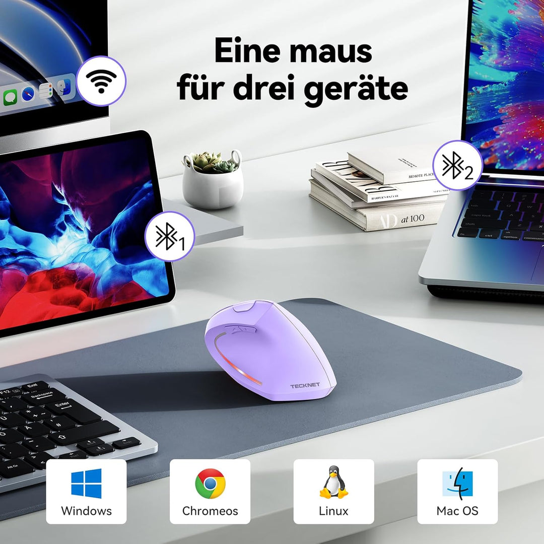 TECKNET Ergonomische Maus, Kabellose Bluetooth Vertikale Maus(BT 5.0+BT 3.0+2.4G), 6 Einstellstufen