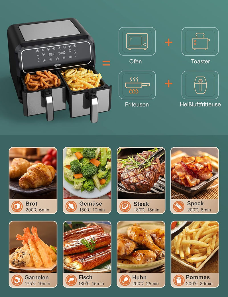 Innsky Dual Zone Heissluftfritteuse Doppelkammer 8L, 8 Programmen Heissluftfritteuse Doppelt, Airfry