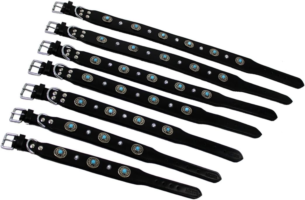 MICHUR Alonzo Hundehalsband Leder Schwarz Breit, Lederhalsband, Halsband, Blaue Steine MIT RUNDNIETE