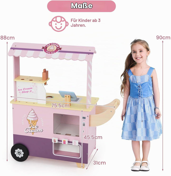HOMASIS Kinder Eiswagen Holz mit 15 Zubehör, Kaufladen mit 6 Spielzeug-Eiscreme, Eismaschine, Verkau