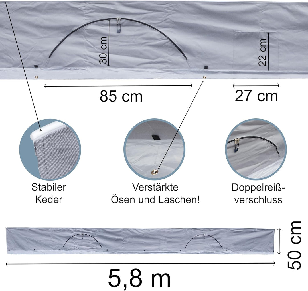 Bodenschürze Wohnwagenschürze 600x50 cm - Grau - mit 2 grossen Aufbewahrungstaschen 95x85x30cm - Win