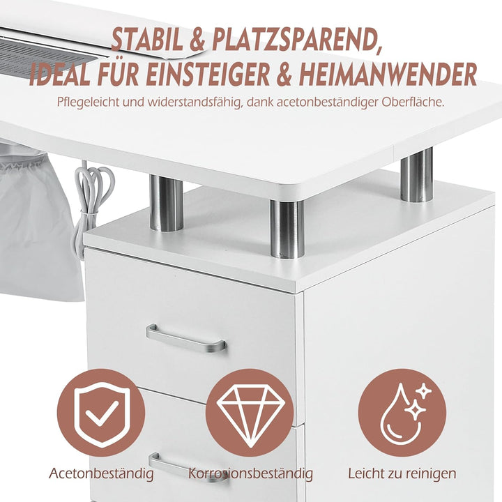 Maniküre Tisch, Staubsammler Handgelenkkissen Weiche Armlehne, Nageltisch für Nail Tech mit 3 Schubl