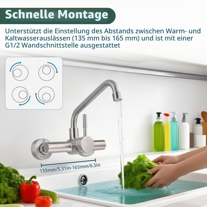 Wasserhahn Wandmontage Küche 360° Drehbar, Wasserhahn Verlängerung Kalt und Heiss Einhebelmischer Kü