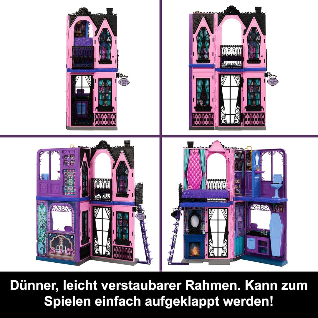 Monster High Buh-tique Hotel Puppenhaus, zusammenklappbares Spielset mit unheimlichen Überraschungen