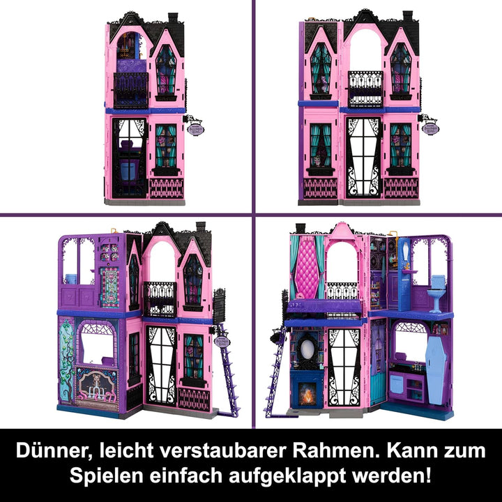 Monster High Buh-tique Hotel Puppenhaus, zusammenklappbares Spielset mit unheimlichen Überraschungen