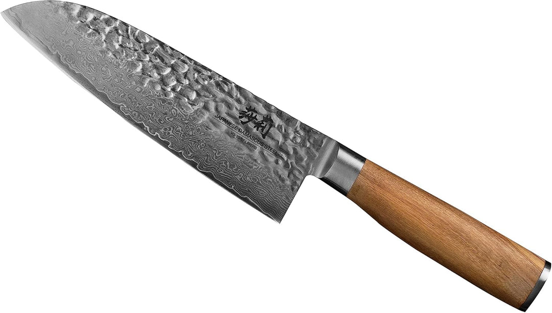Sallys Santoku Messer- aus rostfreiem Damaszener-Stahl - Griff aus hochwertigem Olivenholz, inkl. ed