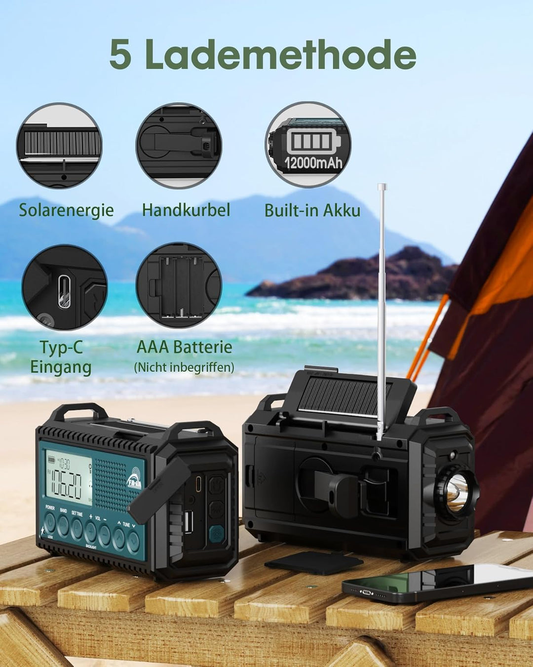 Roxicosly Kurbelradio, Notfallradio mit 12000 mAh Power Bank, AM/FM/SW Baustellenradio, Kurbel & 5-W