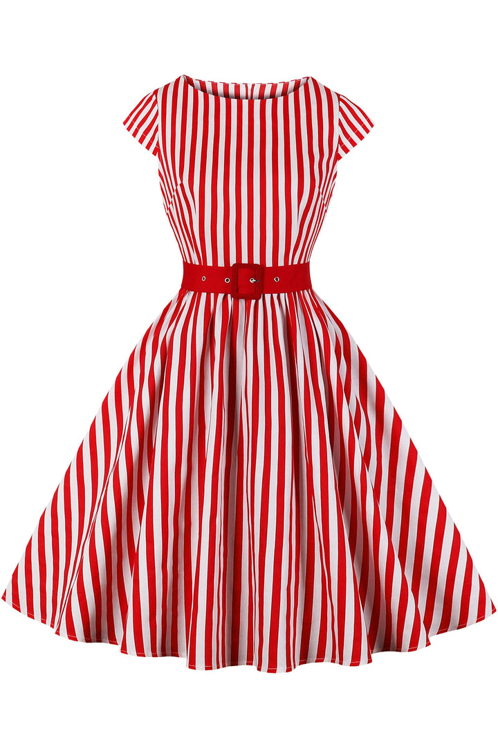 AXOE Damen Rockabilly Kleider 50er Jahre Baumwolle Gürtel XL Gestreift Rot, XL Gestreift Rot