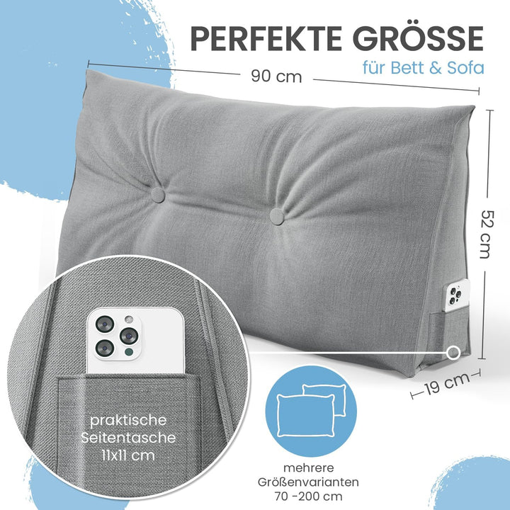 ELONEO Rückenkissen 90 cm breit, Keilkissen für Bett und Sofa geeignet, dreieckiges Lesekissen, Kiss