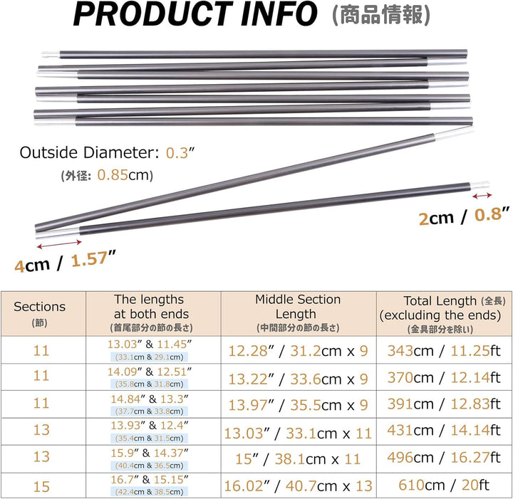 Azarxis Zeltstange Reparatur Set, Alu Teleskopstangen, Ersatzgestänge Einstellbar Zubehör für Zelt C
