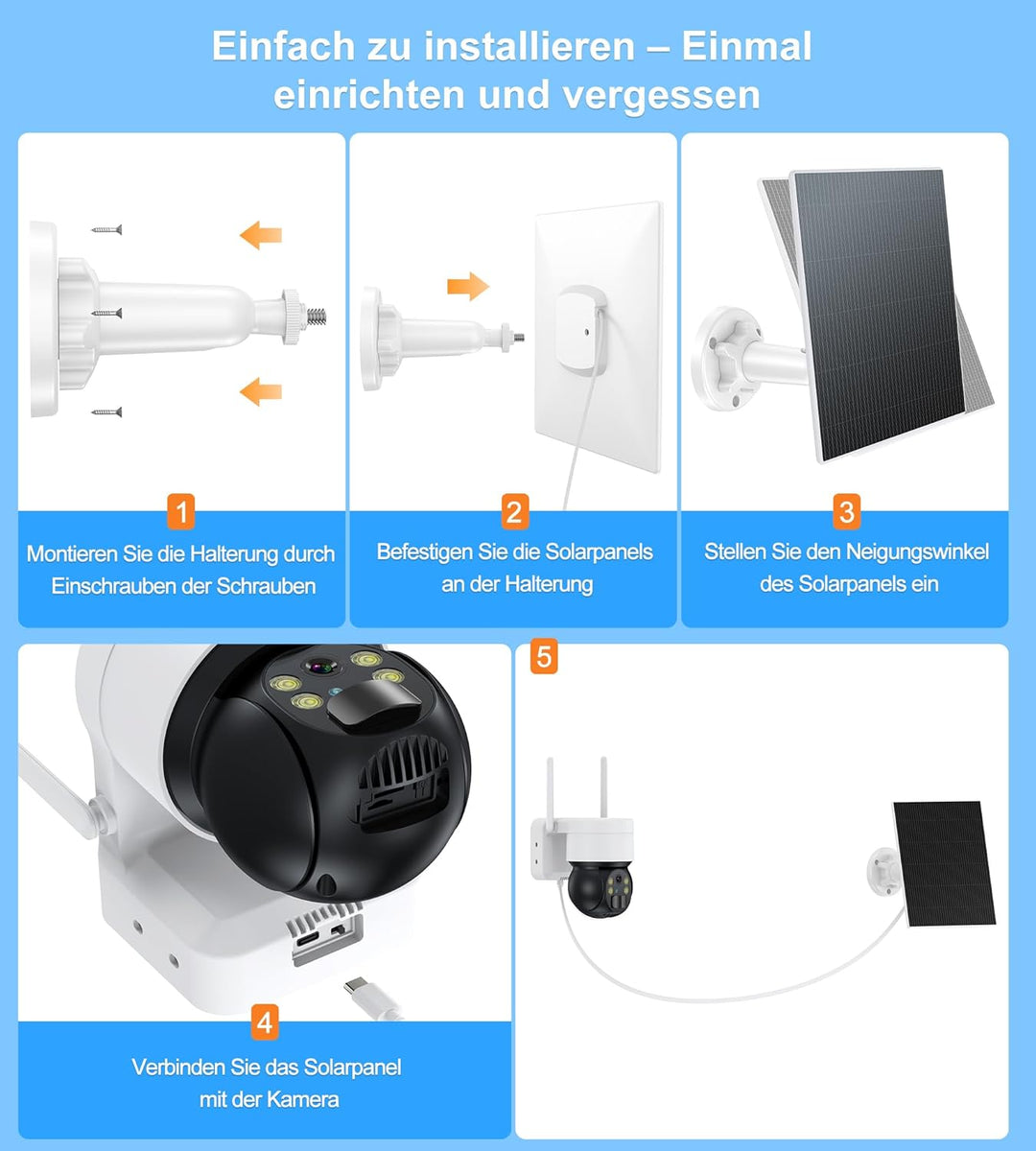 6W Solarpanel für Akku Überwachungskamera Aussen im Aussenbereich, 5V USB-C Solarmodul, Outdoor Akku