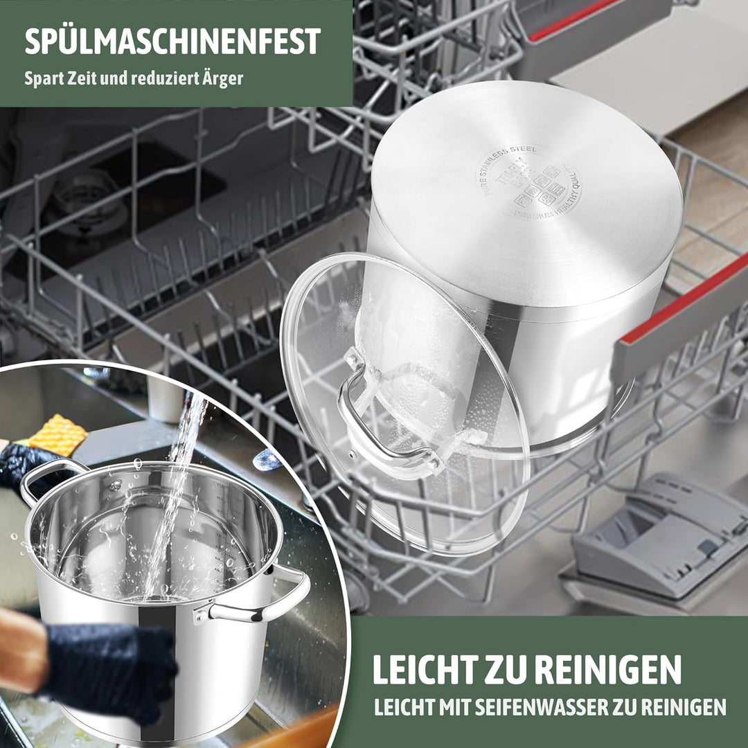 Joyfair Kochtopf, 11,4 Liter Edelstahl Gross Topf Induktion mit Glasdeckel, 3 Lagen Stabiler Boden S