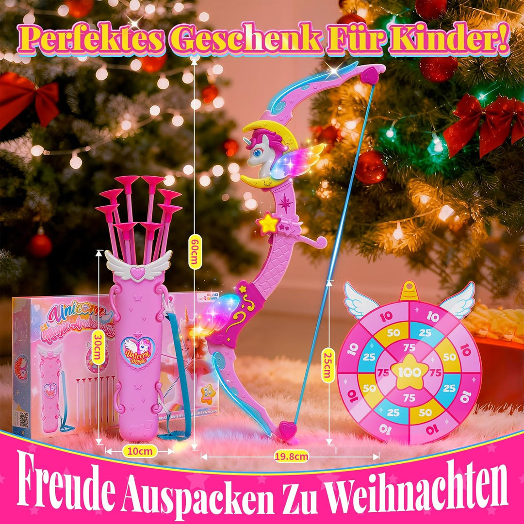 Einhorn Spielzeug für 3-12 Jahre Mädchen, 6 Magische Lichtern PfeilBogen mit (Einhornhorn, Flügel, S