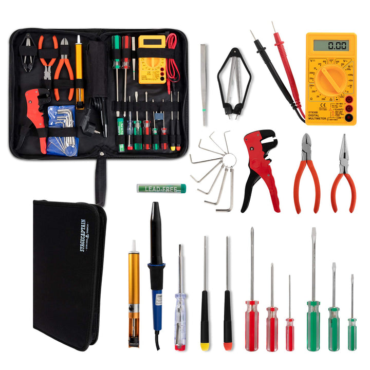 Stagecaptain EWS-15 Elektro-Werkzeug Set (27 Teile, inklusive Lötkolben und Multimeter, für Proberau