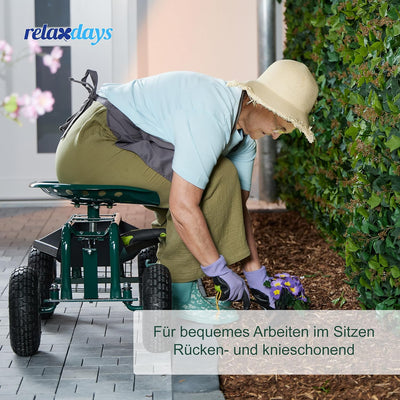 Relaxdays fahrbarer Gartensitz, höhenverstellbar, 150 kg, Stauraum, Rollsitz für Gartenarbeit, Stahl