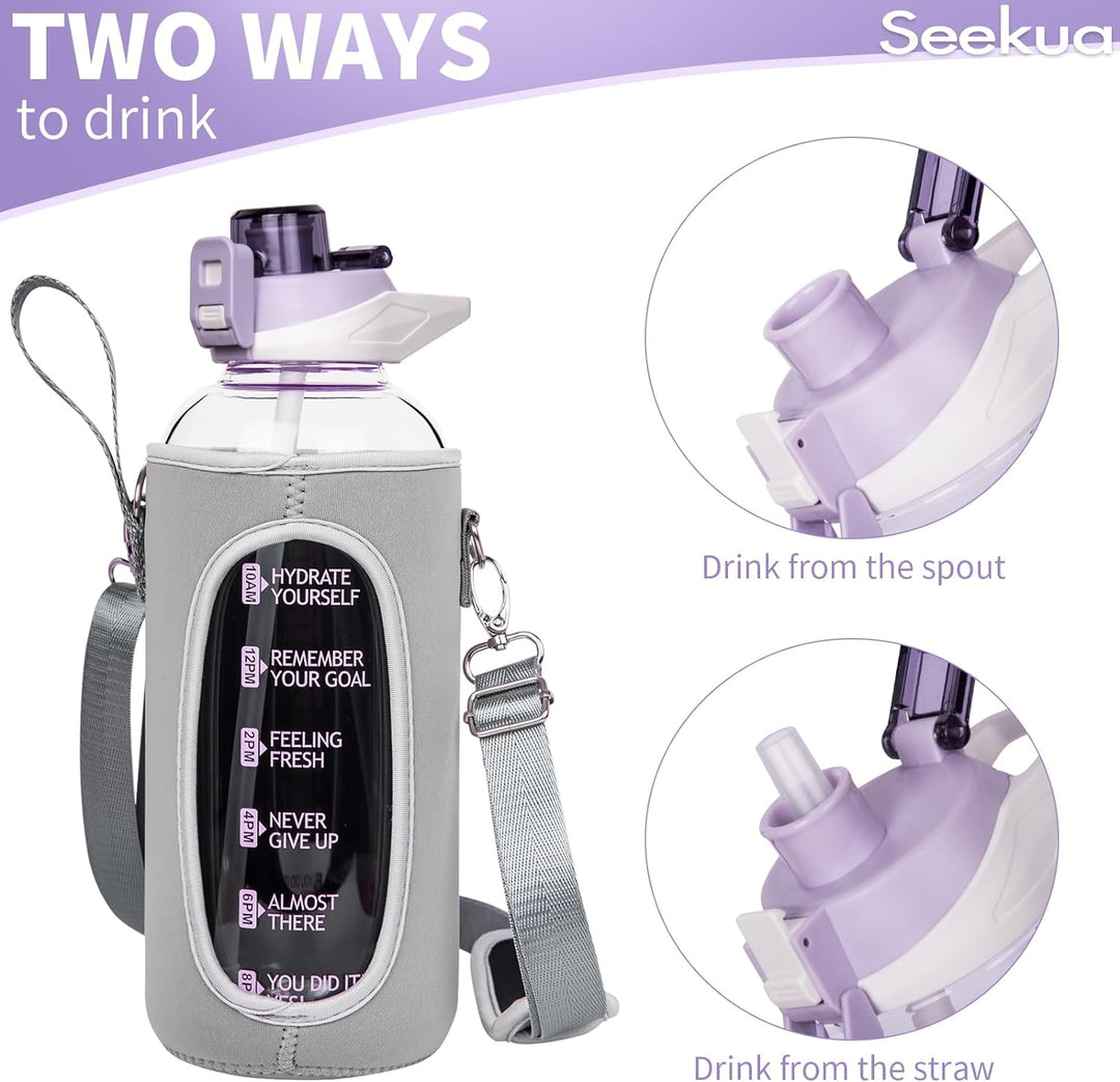 Seekua 2l Sport Trinkflasche Glas Flasche mit Strohhalm & Zeitmarkierung auslaufsicher bpa frei 2 li