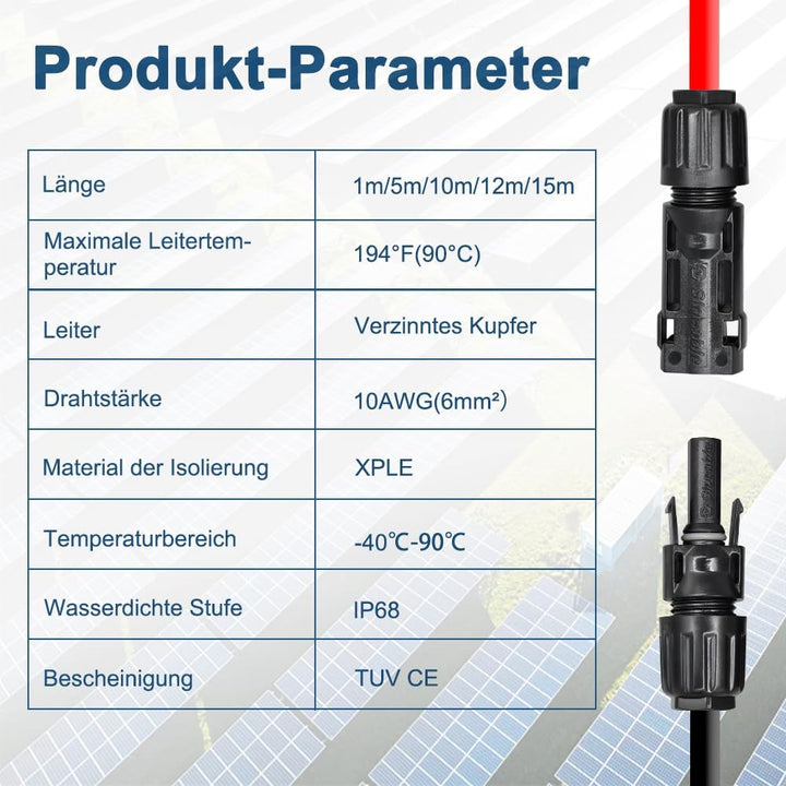 Slocable Solarkabel Verlängerung 15m 10AWG mit IP68 wasserdichtem 1500V PV Stecker, 15m 10awg
