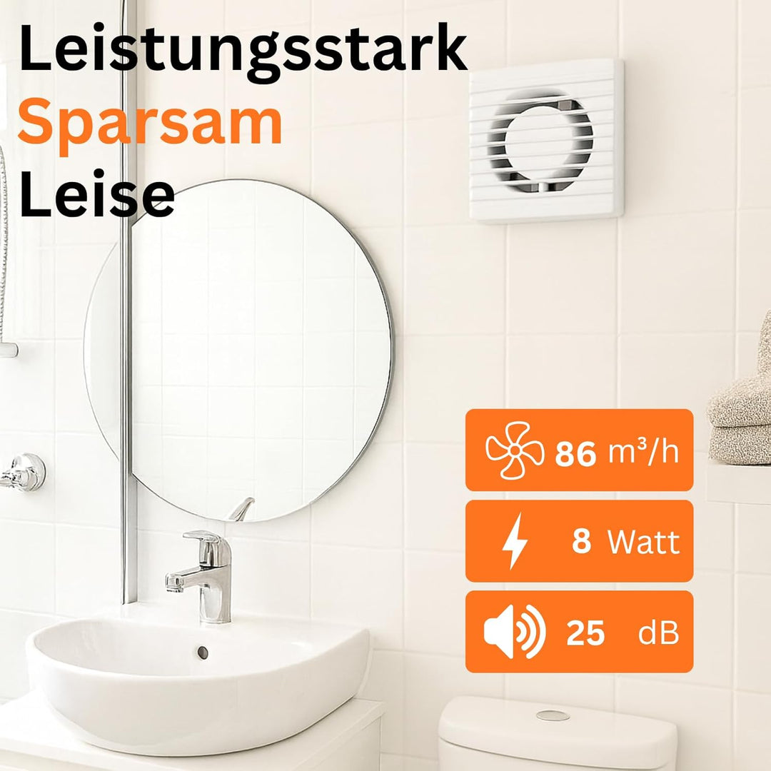 MKK Badlüfter 90mm Wandmontage Leise Lüfter Wohnraumlüfter Weiss (Kabel + Schalter), Kabel + Schalte