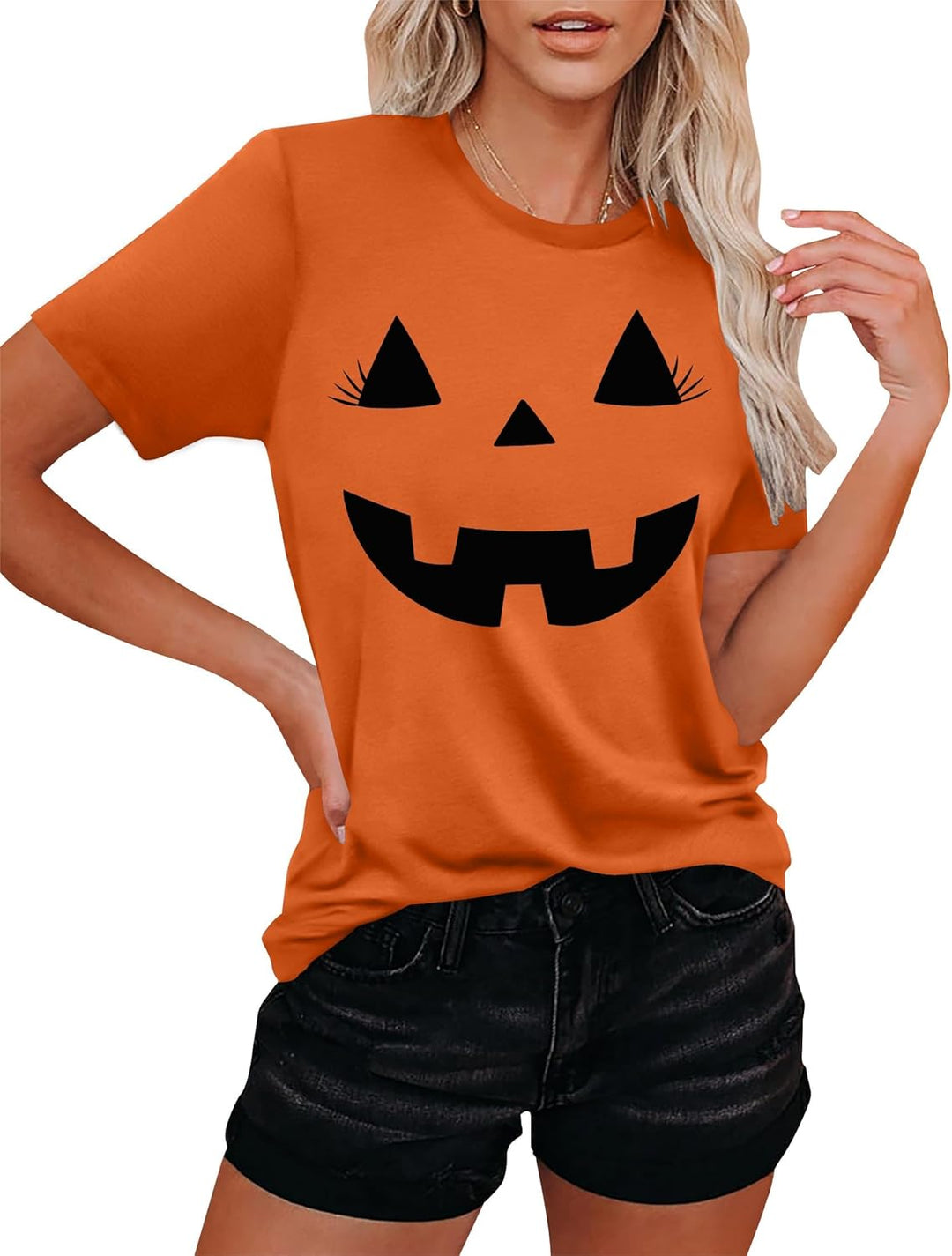 Damen Halloween KüRbisgesicht T-Shirt Frauen KüRbis Shirt Herbst Karneval Shirts S Orange3, S Orange