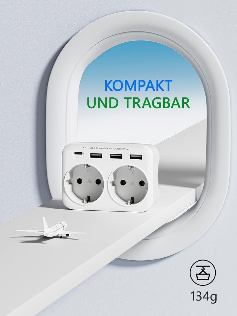 LENCENT Reiseadapter USA Deutschland Stecker, Typ B Steckdose, Reisestecker mit 1 USB-C&3 USB-A Port