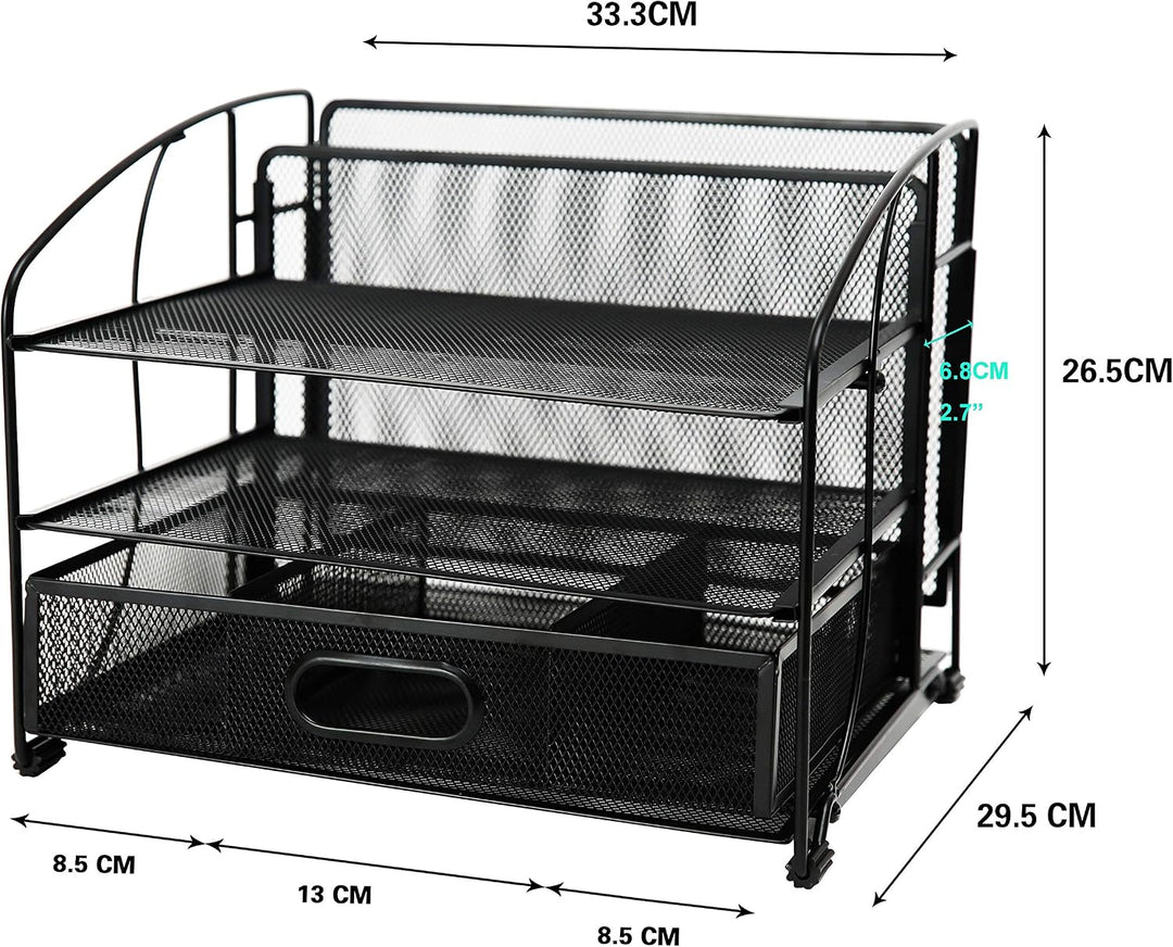 EXERZ Tisch-Organizer Aus Metalldraht Bürobedarf 3 Tabletts/Desktop-Aktenhalter Mit Schiebeschublade