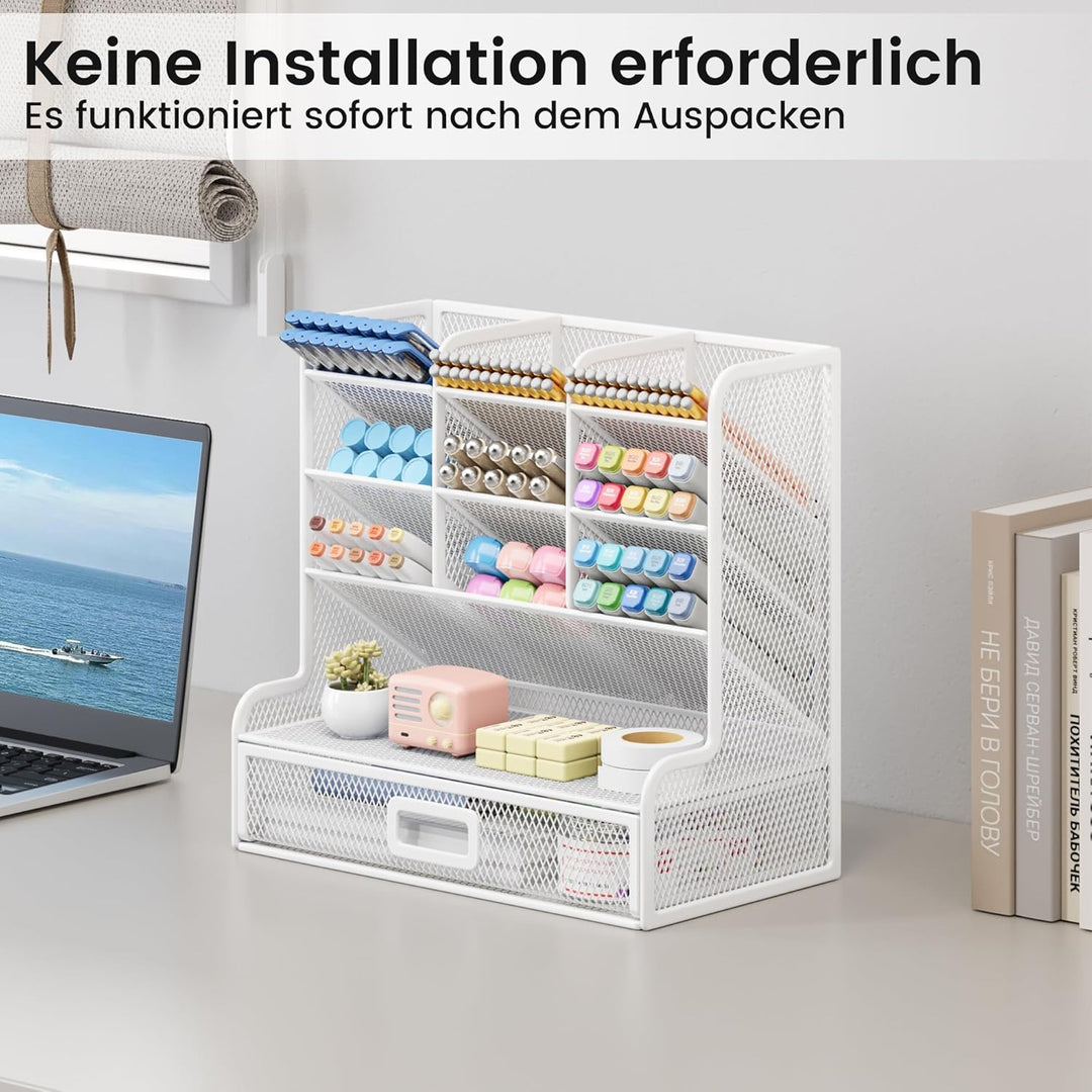 VITVITI Schreibtisch Organizer, 9 Fächer Stiftehalter mit Schublade, Netz Stifte Regal aus Metall, S