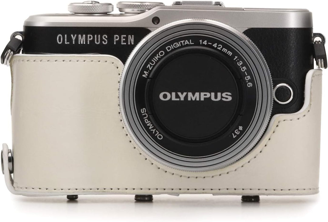 MegaGear MG1455 Olympus PEN E-PL9 (14-42mm) Ever Ready Leder Kamera-Case mit Trageriemen - Weiss, We