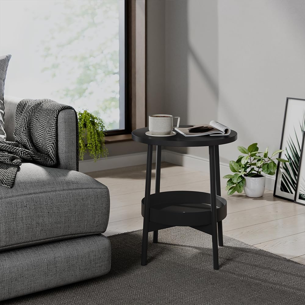 Vicco Beistelltisch Riono, Schwarz, 40 x 40 cm mit zusätzlicher Ablagefläche, Schwarz