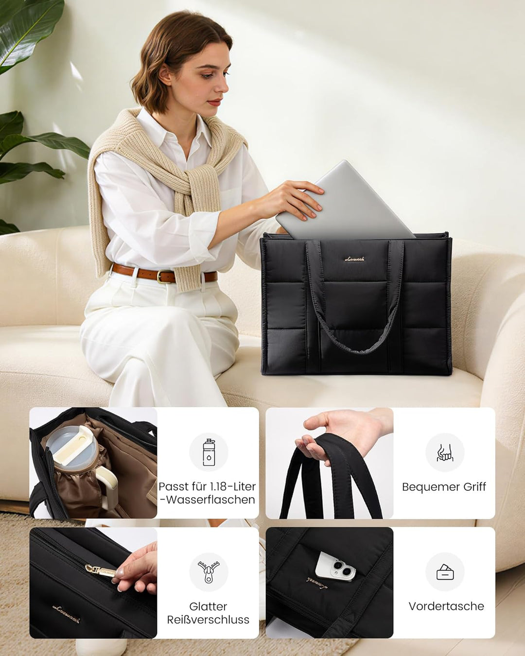 LOVEVOOK Laptoptasche Damen 15,6 Zoll, Gross Handtasche Shopper Puffer Tasche Arbeitstasche Aktentas