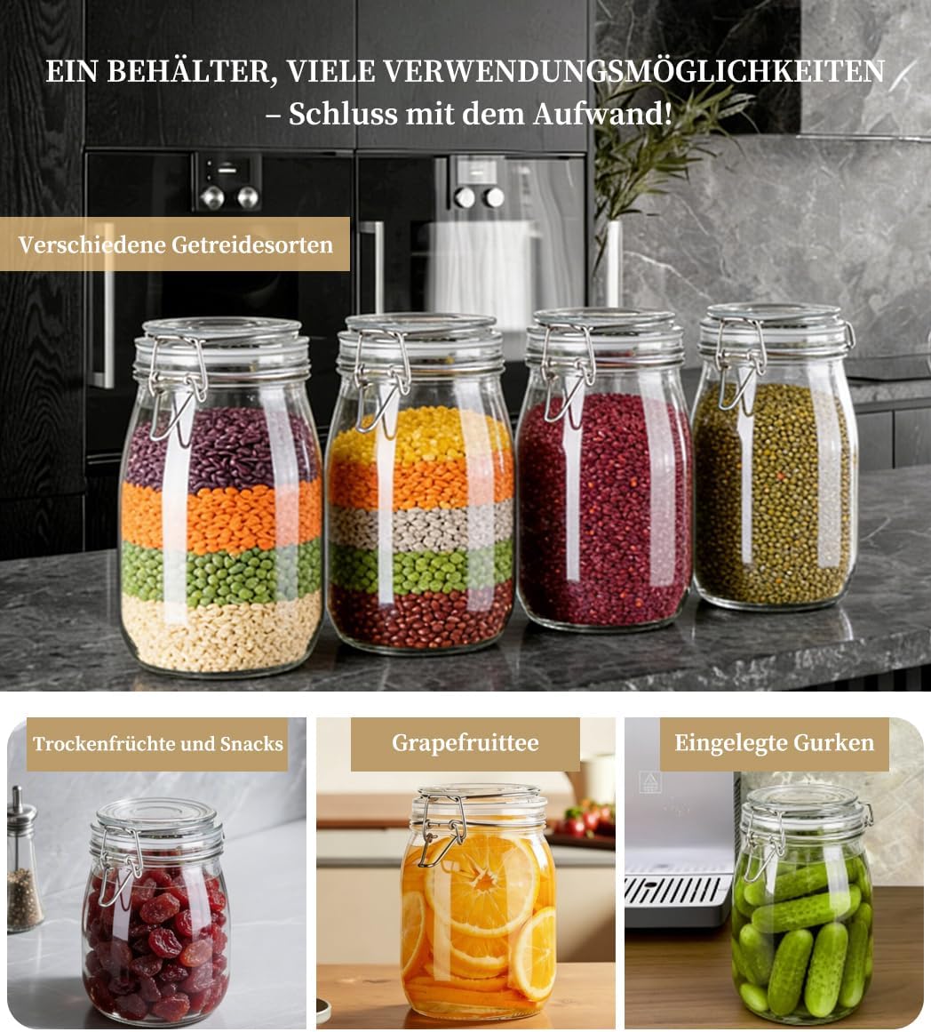 1.5L Einmachgläser, 2 Stück Fermentierglas Premium Einmachgläser mit Bügelverschluss Gläser mit Deck