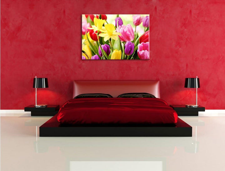 Farbenfrohe Osterglocken und Tulpen Format: 100x70 auf Leinwand, XXL riesige Bilder fertig gerahmt m