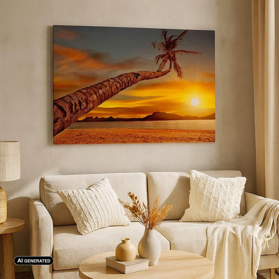 ARTTOR Bilder auf Leinwand Palme Landschaft Sonne Leinwandbild 70x50cm Wandbilder Dekoration Wohnzim
