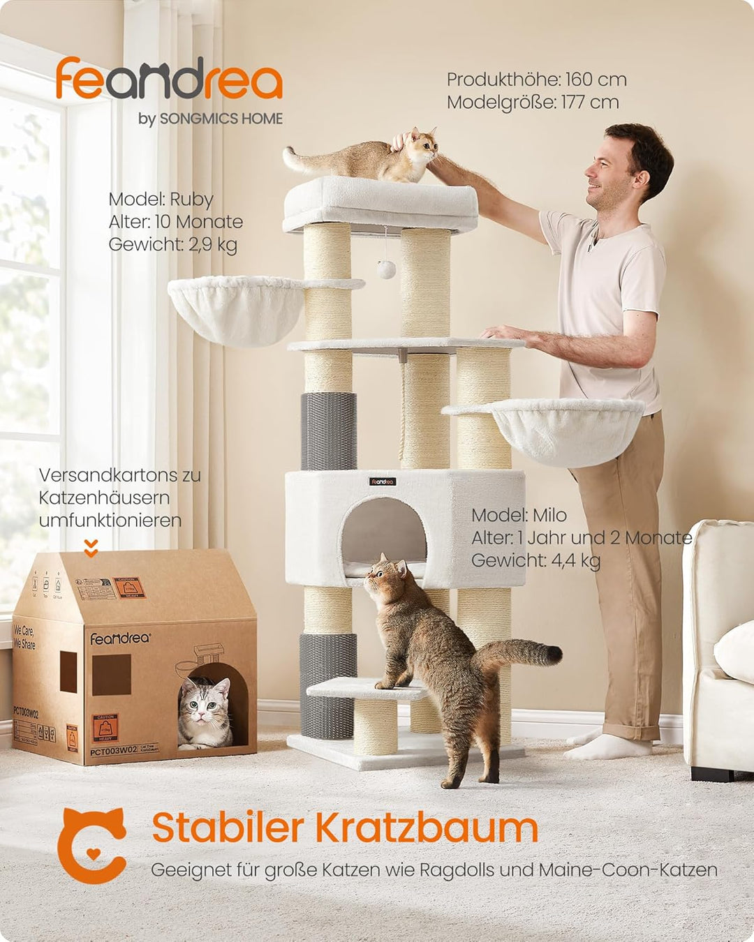 Feandrea Kratzbaum, mit warmen Decken, für grosse Katze, Katzenbaum, 2 Katzenbürsten, 11,1 cm d Dick