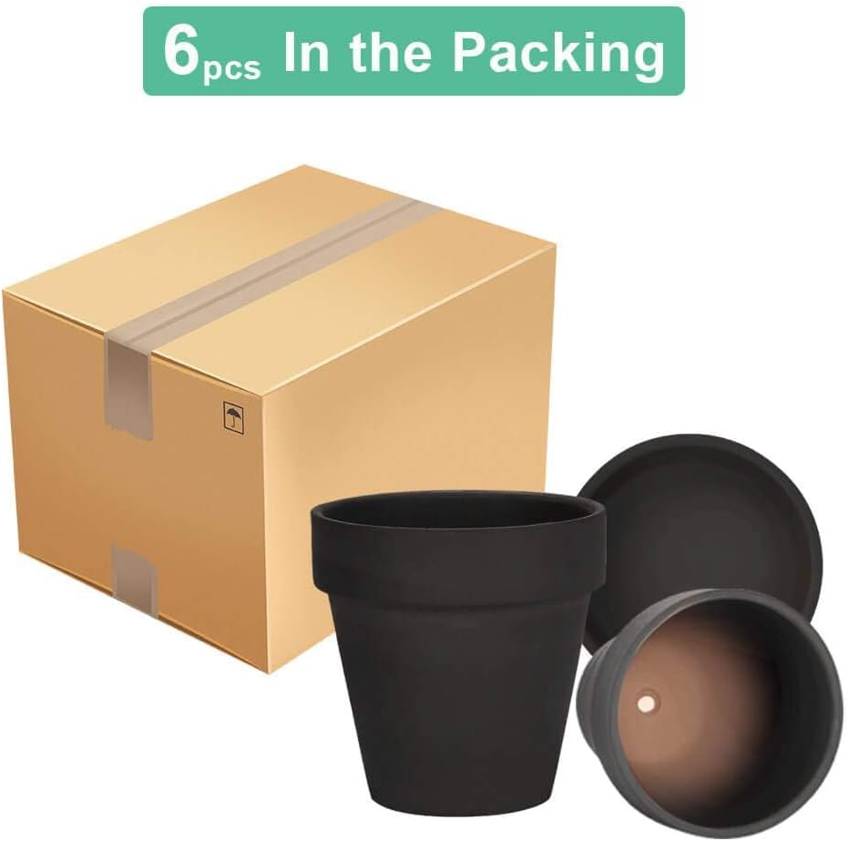 vensovo 10,2cm Schwarzer Tontopf für Pflanzen mit Untertasse - 6er Pack Kleiner Terrakotta-Pflanzent