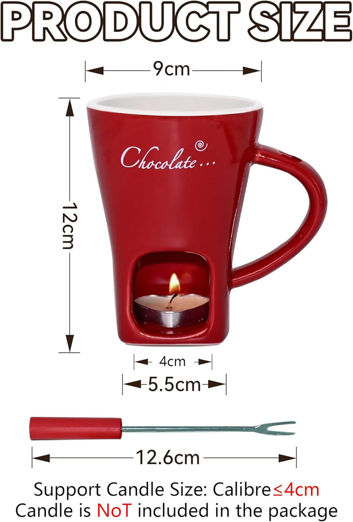 Keramik Schokofondue Tasse Set mit Mit Gabel - 200ml, Rot, Rot